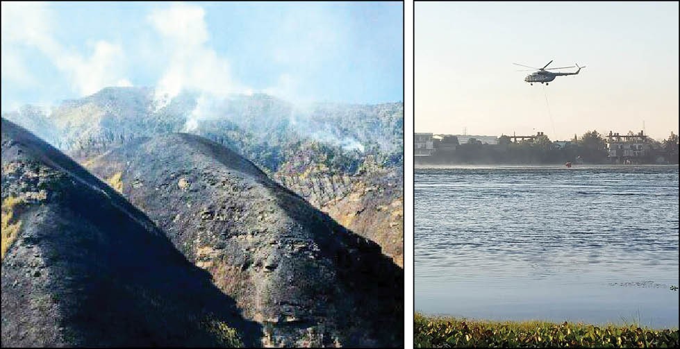 (Left) Smoke rising from the wildfire which broke out in the Dzükou valley area. (Photo Courtesy: PRO (Def) Kohima) (Right) Four Mi-17  helicopter of the IAF made two trips each on January 3 as part of the Bambi Bucket operations to contain the fire. (Morung Photo)